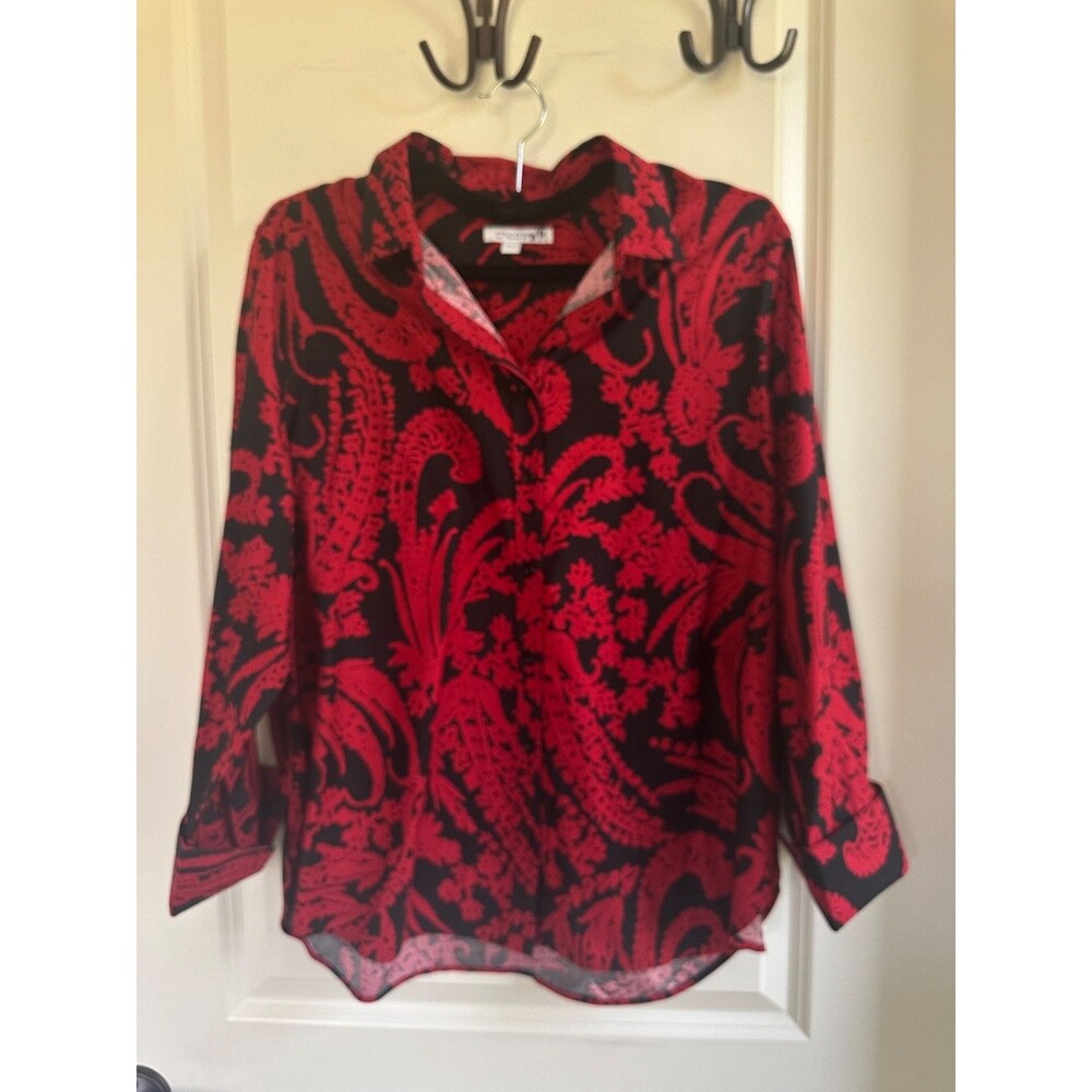 Chico's No-Iron Red Black Button-Down Shirt Wild Poppy Chico’s 2 (Large / US 12)